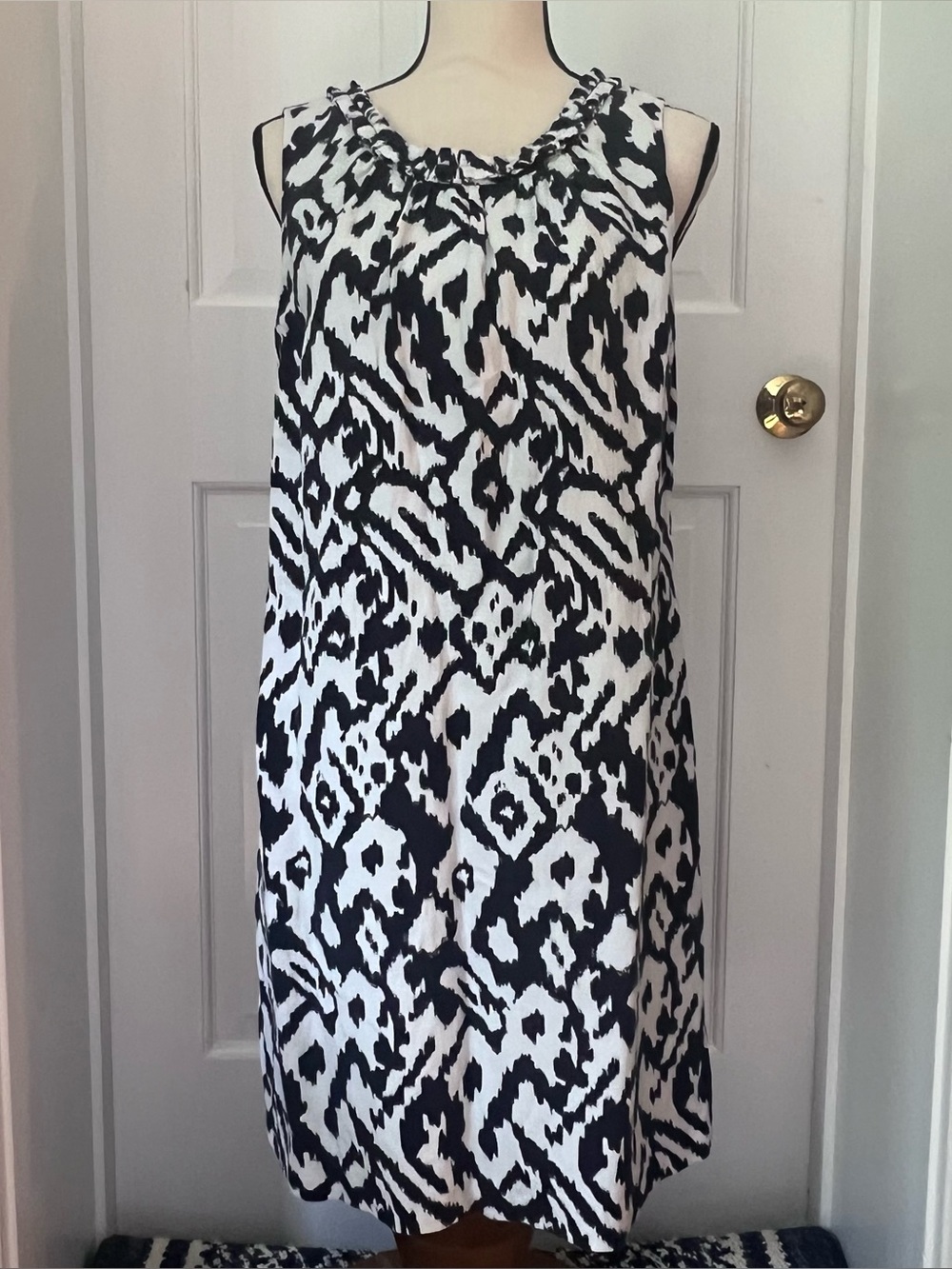 LOFT Sleeveless Ikat Shift Dress Navy/White, Fully Lined, Linen, Size 10
